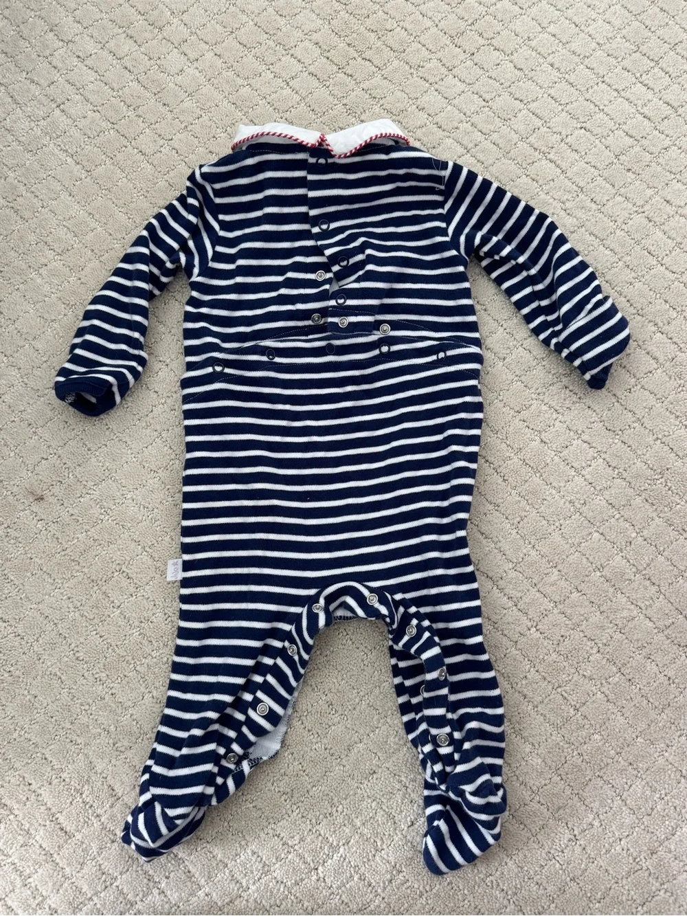 JoJo Maman Bebe Navy and White Striped Footie with British Toy Soldier Smocking